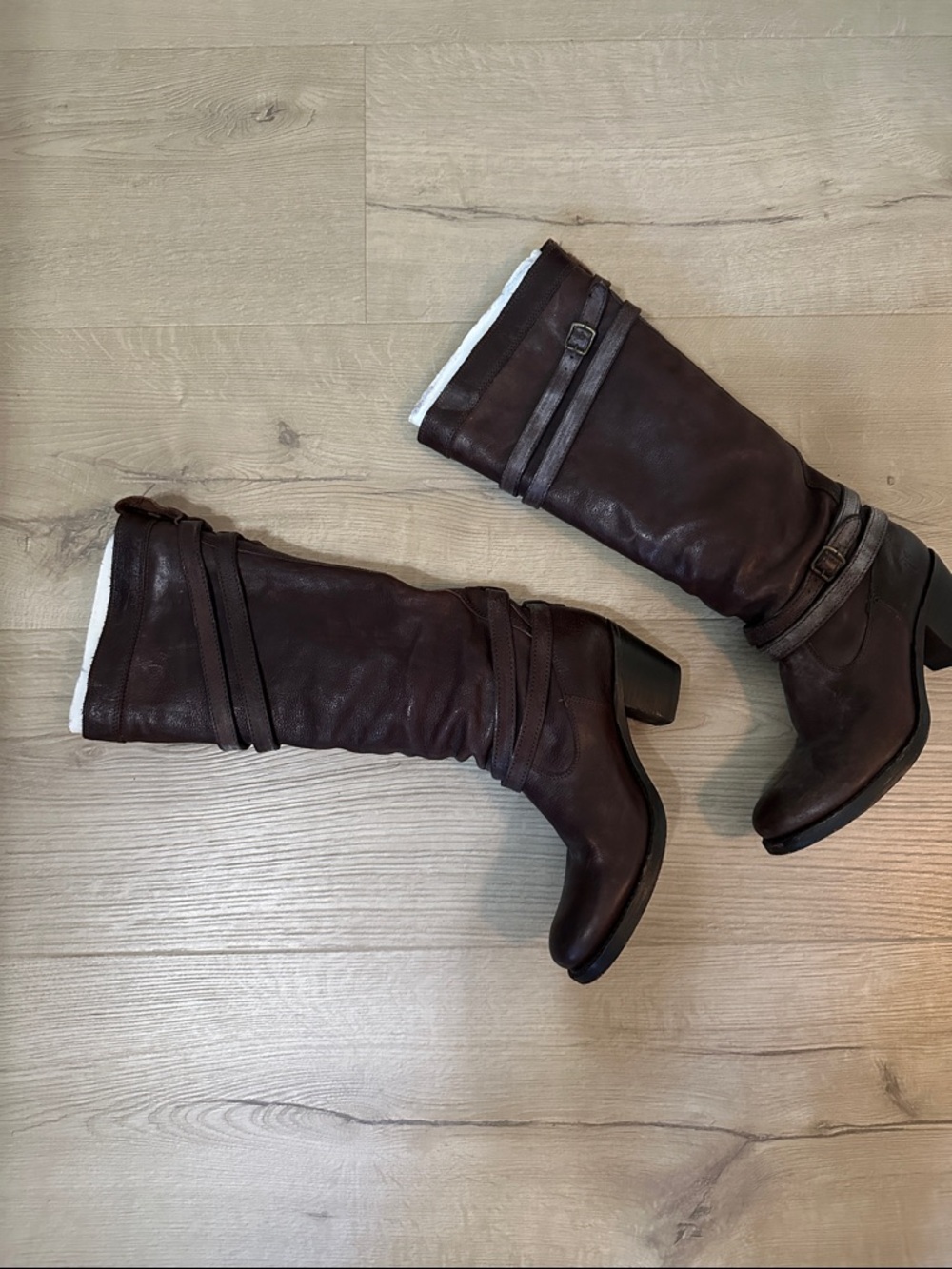 Frye Brown Mid-Calf Leather Heeled Strap Boots